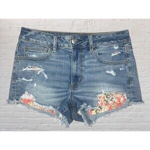 American Eagle Hi Rise Shortie Shorts Size 8 Denim Floral Peek Boo Pocket Boho